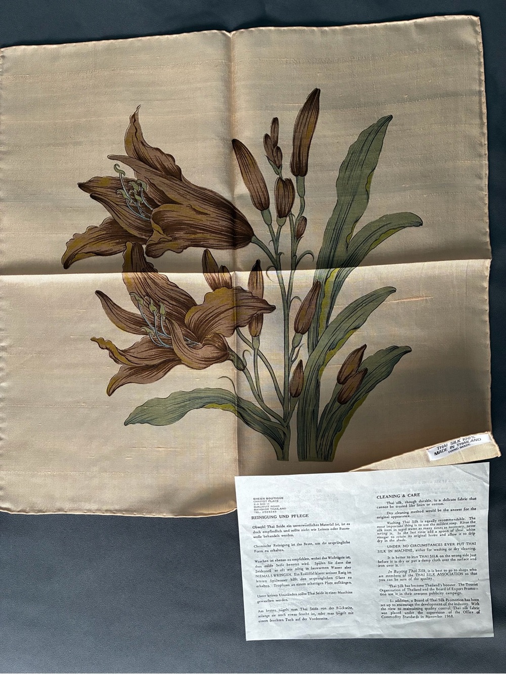 Handmade Thai Silk Scarf with Brown & Green Lily Motif